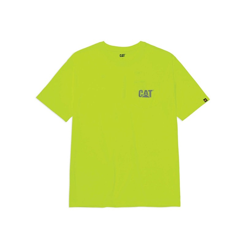 CatFootweat Hi-Vis Trademark Pocket Tee Men's Clothing Yellow | 73TRLAGVW