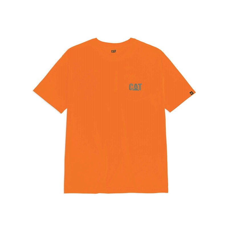 CatFootweat Hi-Vis Trademark Pocket Tee Men's Clothing Orange | 47ZBRIMKX